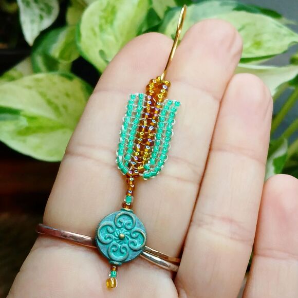 Boho Chic Seed Bead Dangle Earrings, Hammered Earrings, Statement Jewelry 3.25" - Picture 9 of 9